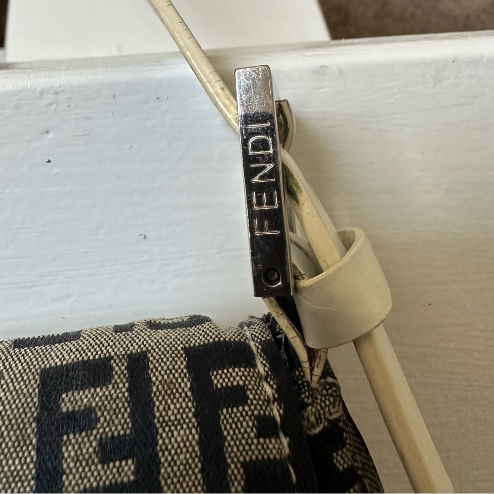 FENDI Zucchino Mamma Baguette Shoulder Handbag Canvas & White Leather - Picture 6 of 11